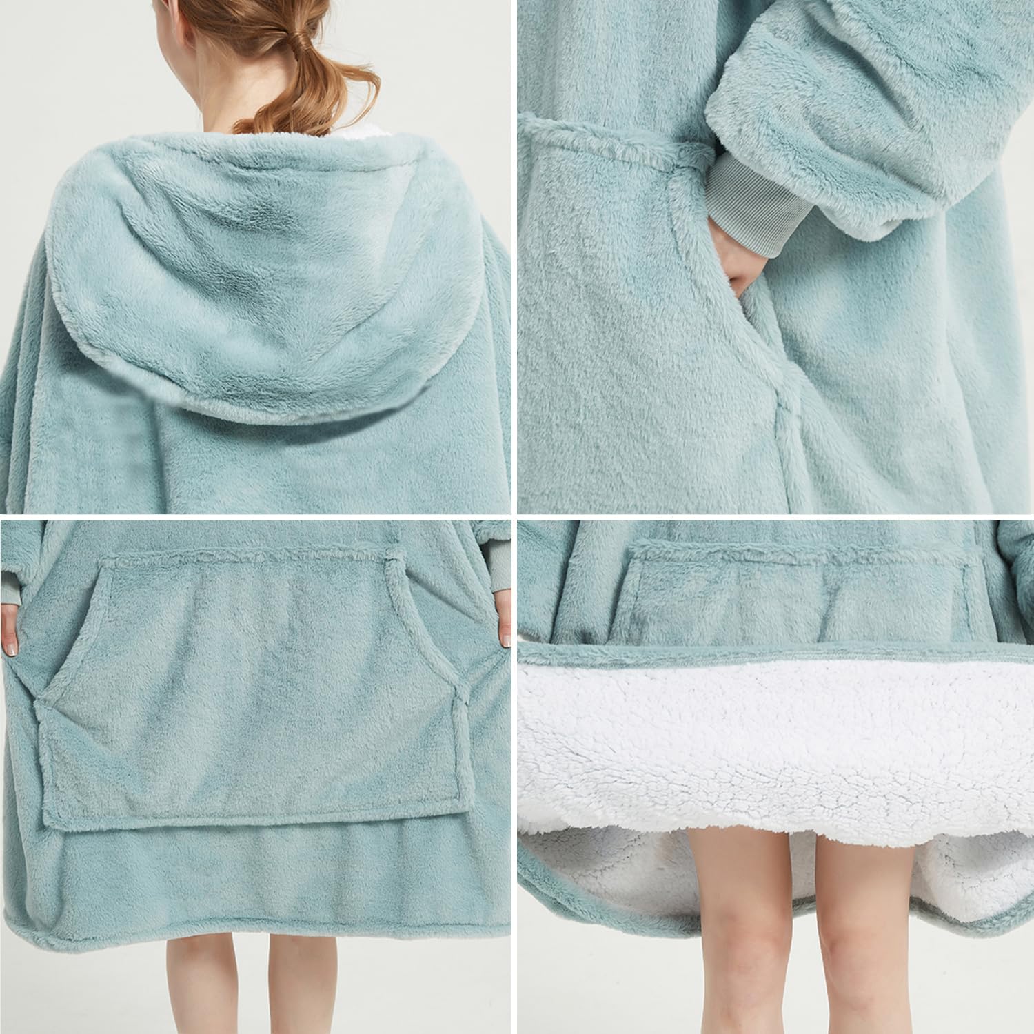 Lanqinglv Koc pod TV z rękawami i kieszenią na stopy, koc z kapturem, oversized, damski / męski sweter z kapturem, puszysty koc na sofę, ciemnoniebieski, koc polarowy Teddy Cashmere Touch