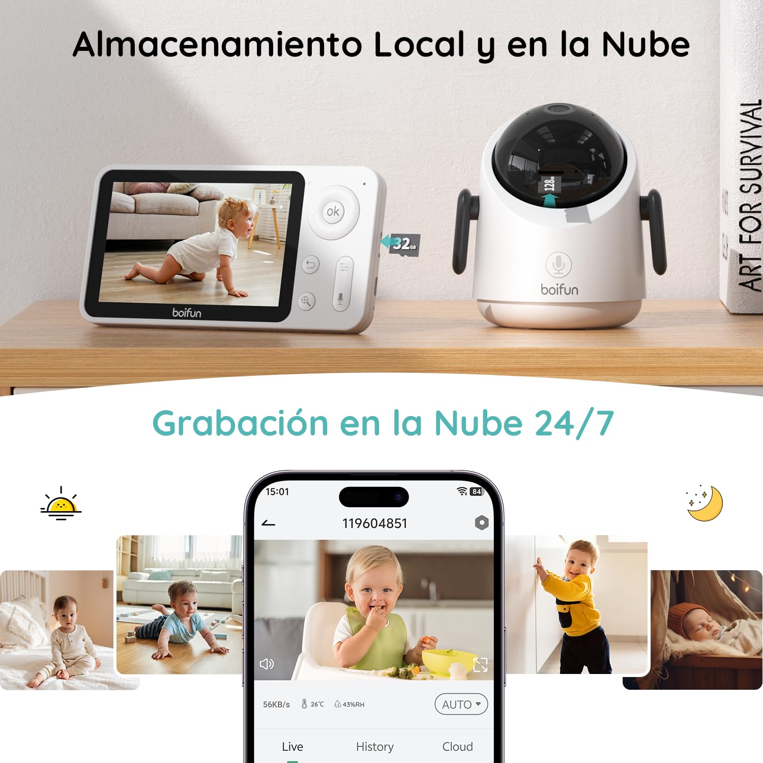 BOIFUN Vigilabebes con 2 Camaras con App Movil, 1080P Camara Vigilancia Bebe Pantalla Dividida, 360°Seguimiento Automático, Monitoreo de Movimiento, Valla Virtual con IA, Zoom 4X