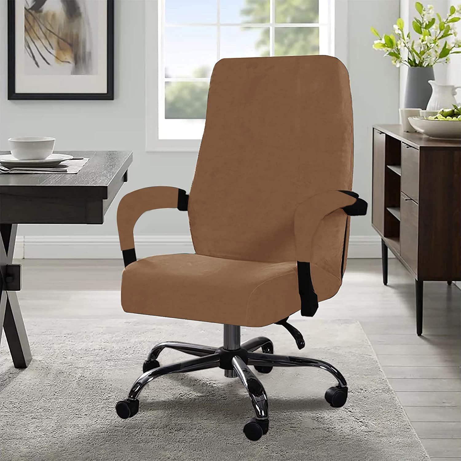Office Chair Cover Stretchable Velvet Removable Washable Computer Chair Slipcovers Universal Elastic Chair Covers Modern Simplism High Back Chair Covers Rotating Chair Slipcover (Light Brown, Large)