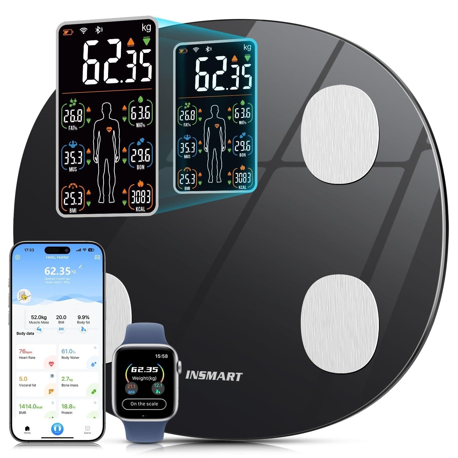 INSMART Körperfettwaage, Waage Personen mit Bluetooth und App, 25 Körperwerte, Digitale Personenwaage für Bad & Fitnessstudio, BIA Körperanalyse, Körperfett, Muskelmasse, Herzfrequenz, 180 kg