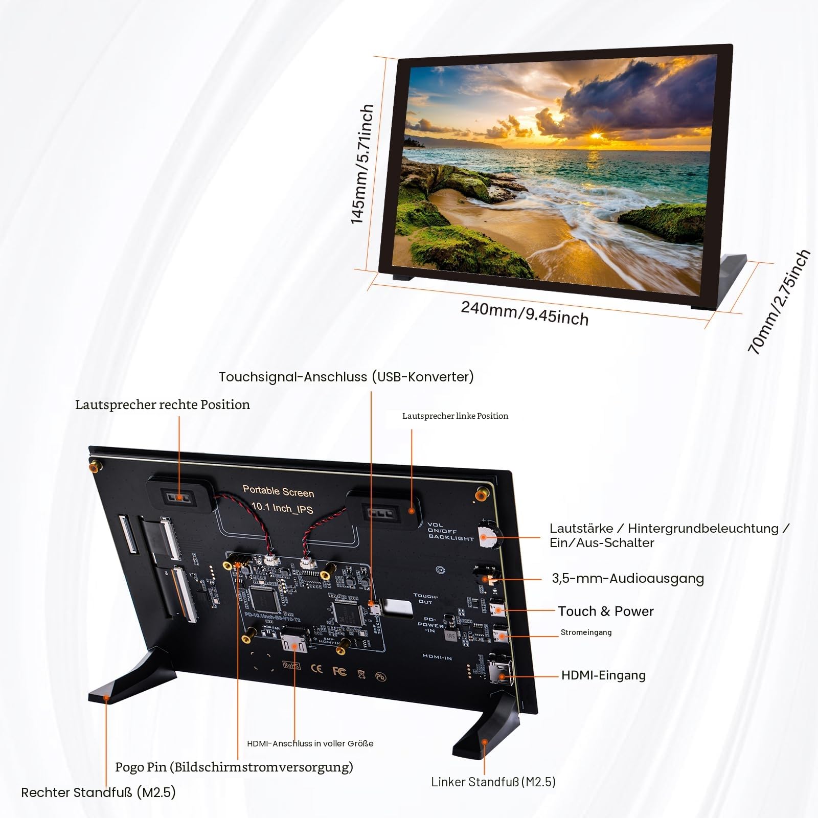 GeeekPi 10,1 Zoll Kapazitiver Touchscreen für Raspberry Pi 5, HDMI IPS Monitor 1280X800 mit Dual Lautsprecher für Raspberry Pi 4B/3B+/3B, mit Montagelöchern zum Installieren des Pi Board