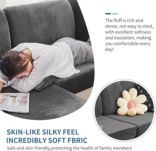 Miniatura 3 de Foreate Fundas de cojín de terciopelo para sofá seccional, fundas de sofá en forma de L para sofá de 4 asientos, protector de muebles para asiento