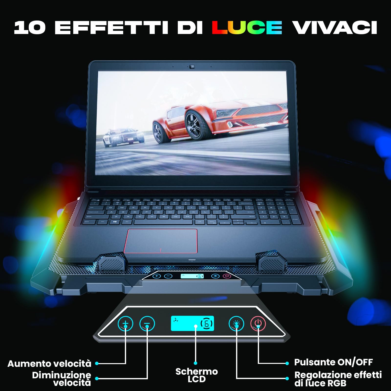 V8 RGB Base di Raffreddamento da Gaming per Notebook con 8 Ventole | Stabile Supporto con Portatile, Compatibile Fino a 17, 2 Porte USB, Ampia Compatibilità e Design Ergonomico