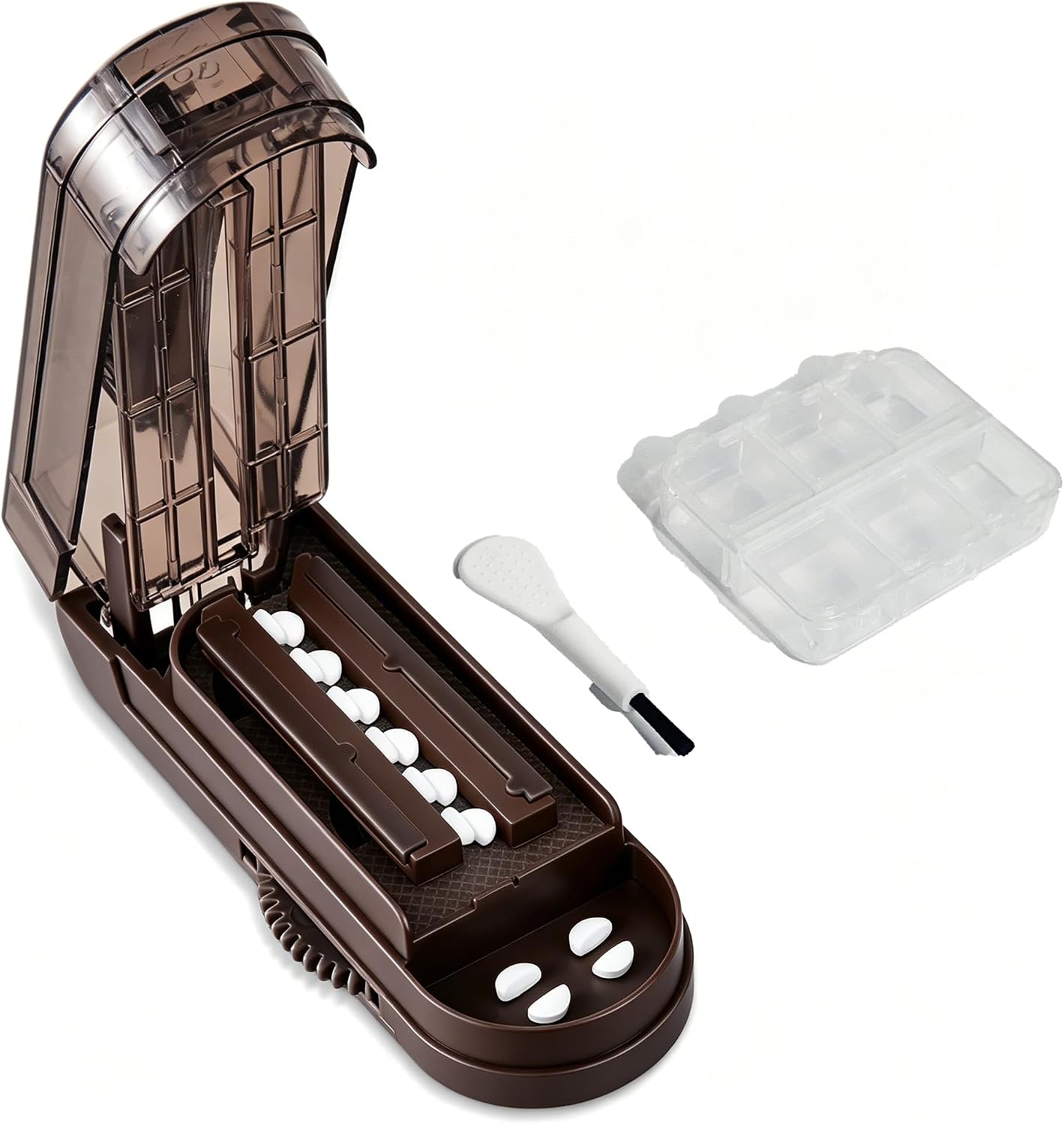 Pill Cutter Splitter for Small and Tiny Pills,Accurate 1/2 Pill Splitter for Cutting Multiple Pills with Adjustable Bars & Hidden Blade,Safely Cuts Small Pill & Large Tablets(Brown)