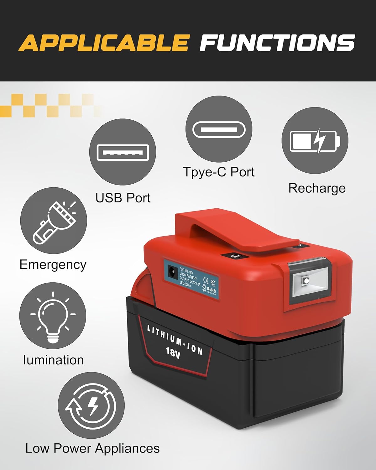 RETRUE Battery USB Charger Adapter for Milwaukee 18V MAX Battery Generator Power Converter with USB Charger Type C and LED Lights for Work RV Camping Travel, Tool Only - Image 3