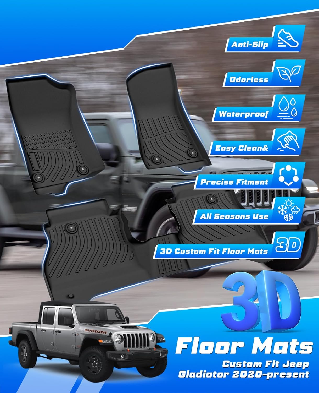 Floor Mats for Jeep Gladiator 2020-2025 2026, All Weather TPE Rubber Floor Liners for Gladiator Accessories,1st&2nd Row Full Set Car Mats Raised Edge - Image 6