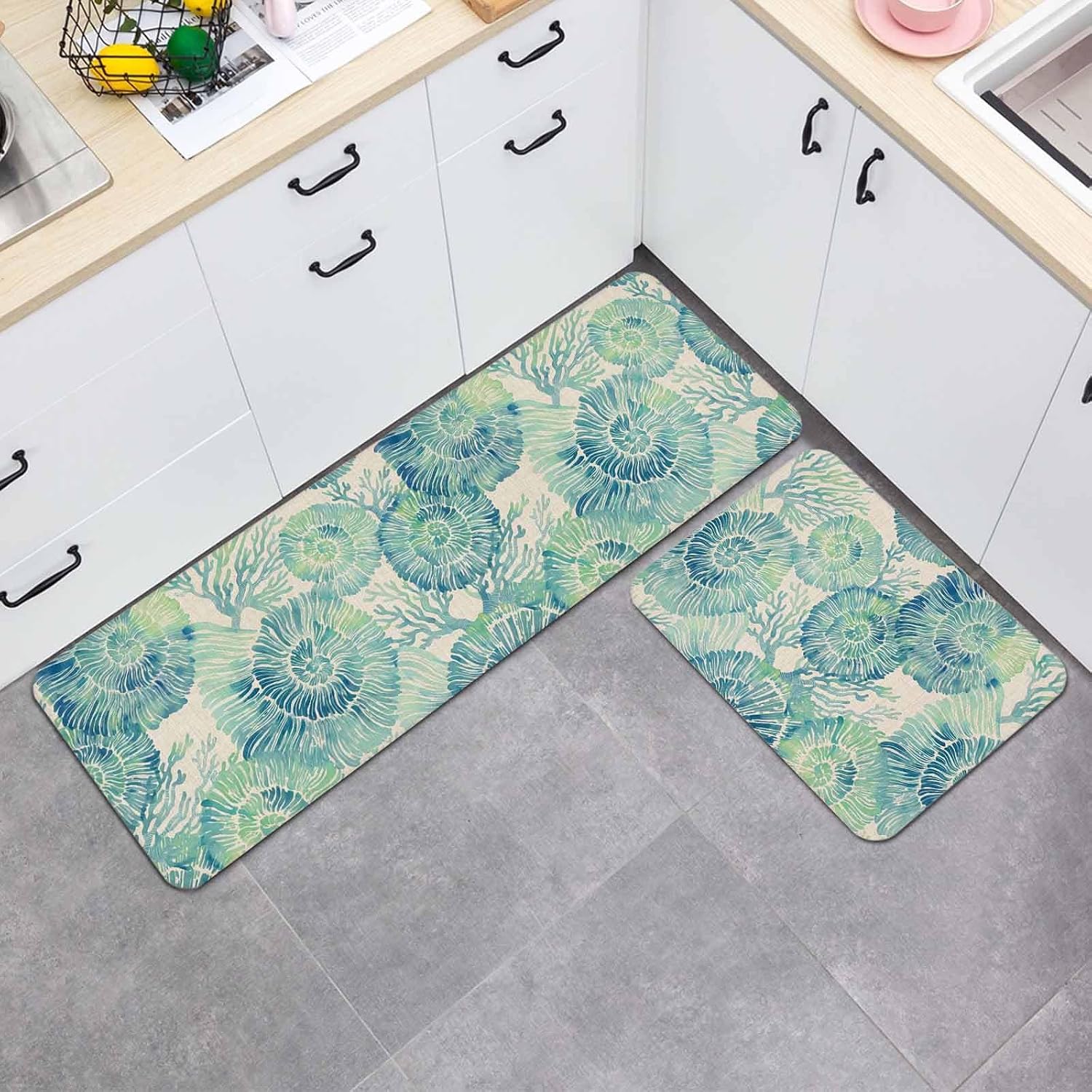 Green Nautilus Kitchen Mat Set 2 Pieces Coastal Teal Coral Vintage Khaki Linen Texture Non Slip Kitchen Rugs Washable Runner Rug Mats for Floor Sink Laundry Office 23.6" x 35.4"+23.6" x 70.9"