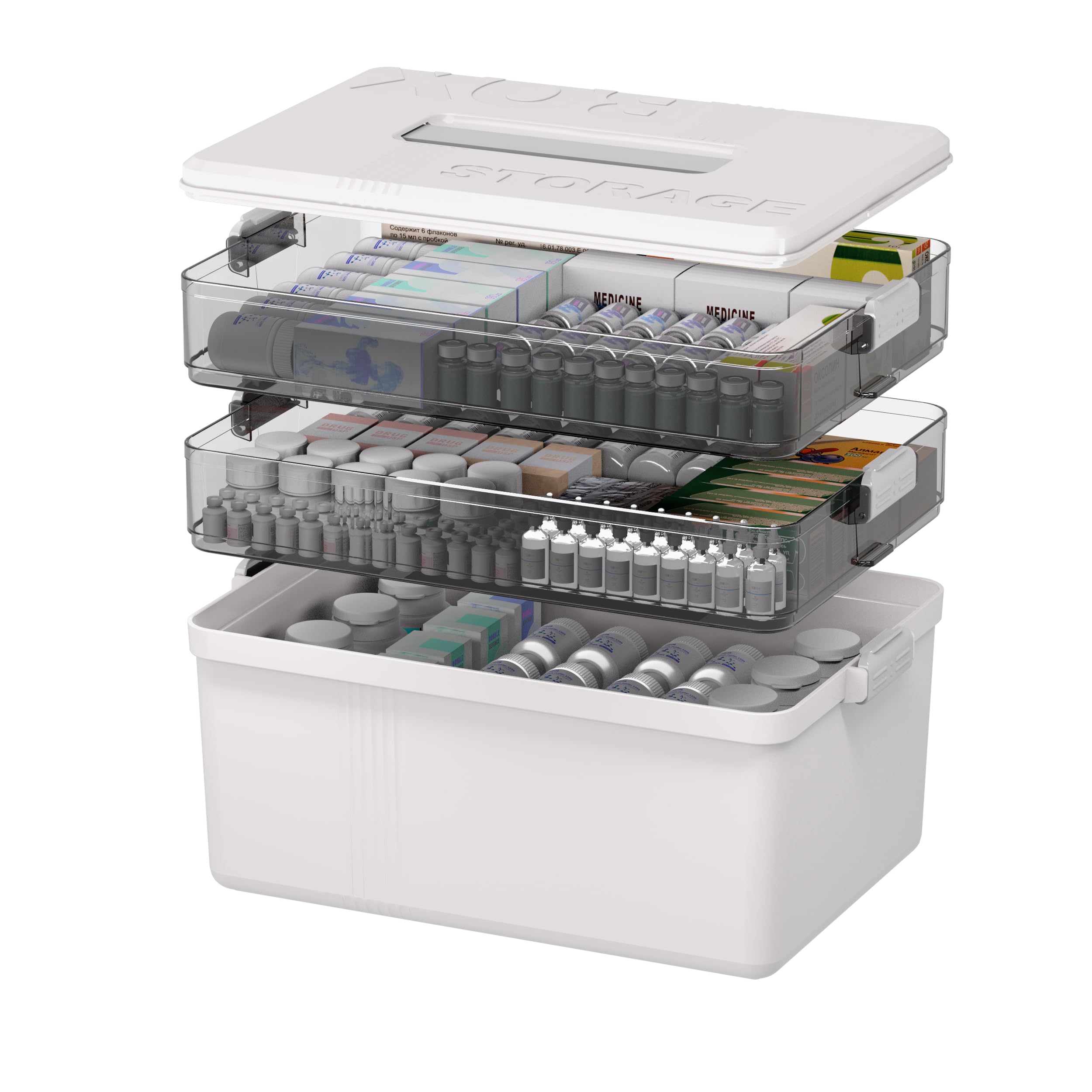 Citylife - Caja de medicamentos de 3 niveles, 33,5 x 22 x 24,5 cm, con asa portátil, organizador de medicamentos multifunción, caja de botiquín casero grande, caja blanca para primeros auxilios