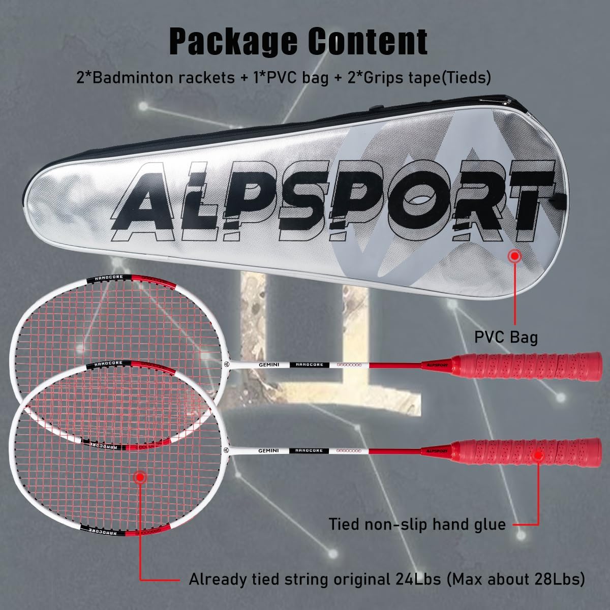 Gemini 4U G5 Graphite Badminton Rackets Sets of 2, Composite Carbon Fiber Racquets with 1 PVC Bag, 2 Tied Grips Tapes, Padel Raket for Sports Training