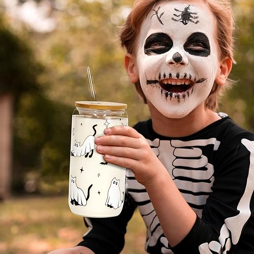 Miniatura 2 de Vaso de café helado de Halloween, 18 onzas, lindo gato fantasma con tapa y pajita, vaso de cerveza de vidrio, regalos de Halloween, decoraciones