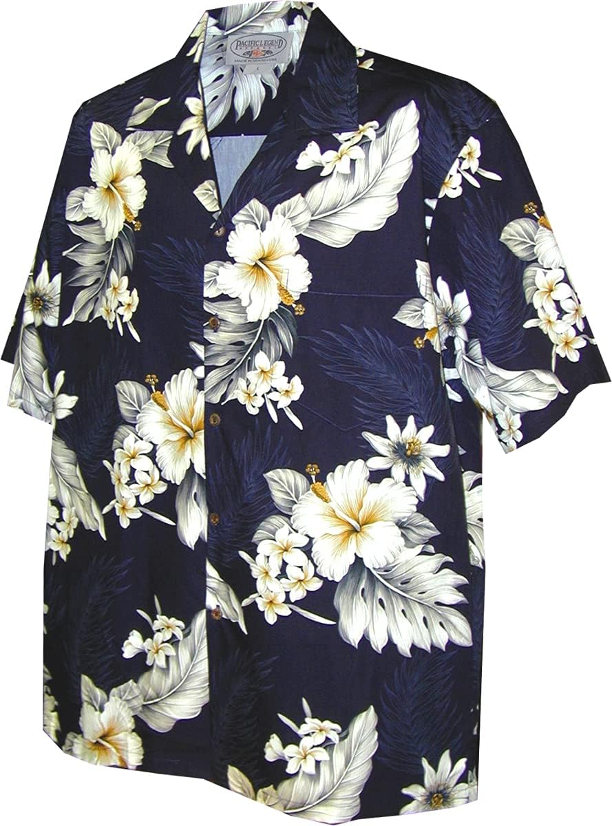 Pacific Legend Plumeria Hibiscus Hawaiian Shirt, Navy XL
