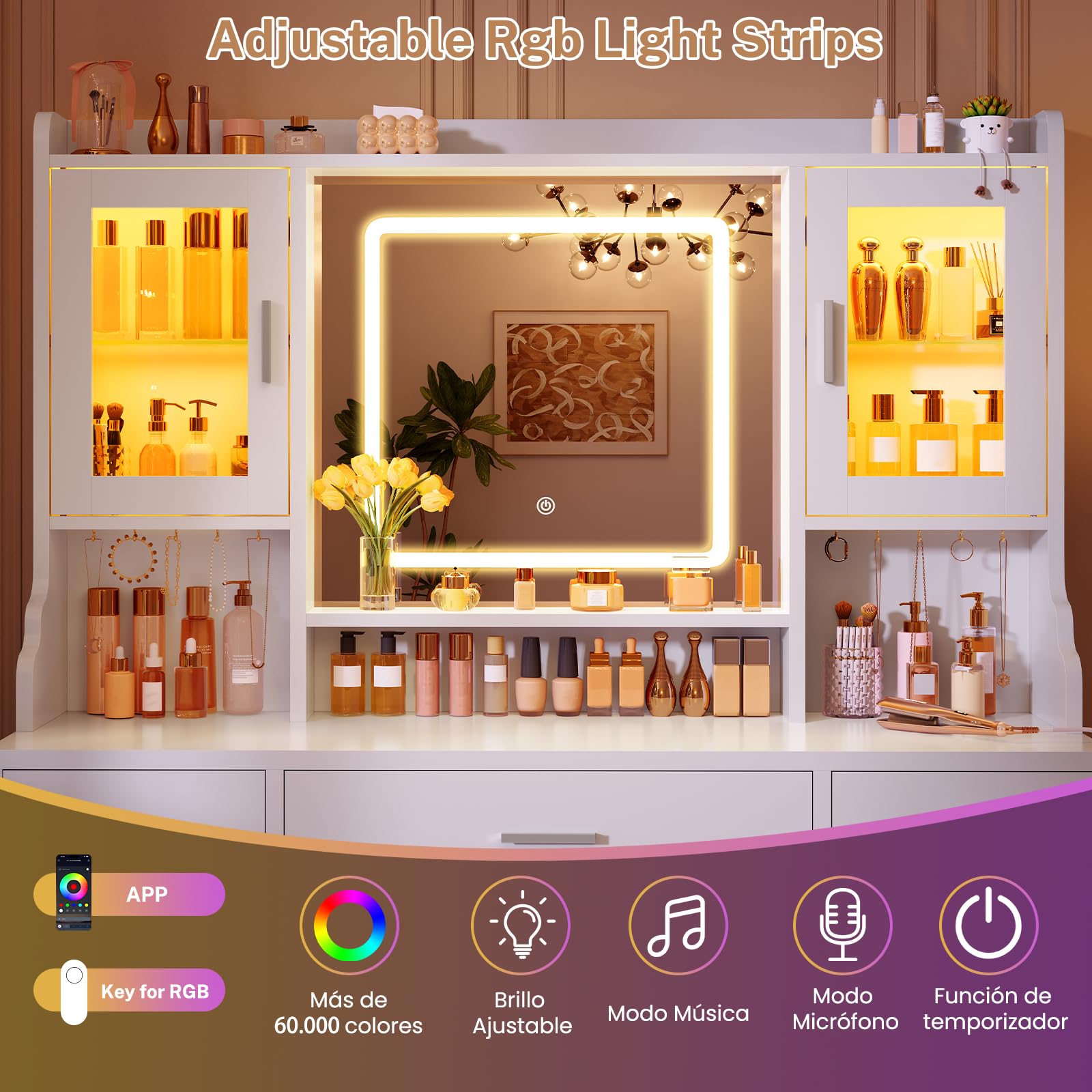 TEENFON Tocador de Maquillaje con Espejo LED y Luz RGB, Luminosidad Ajustable, 3 Cajones, 4 Puertas, 5 Ganchos para Joyas y Toma de Corriente, Moderno, Dormitorio, Blanco