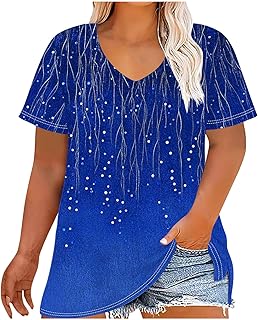 Plus Size Print Tshirt for Women 2026 Spring Summer Short Sleeve V Neck Blouse Casual Fashion Loose Fit Shirts