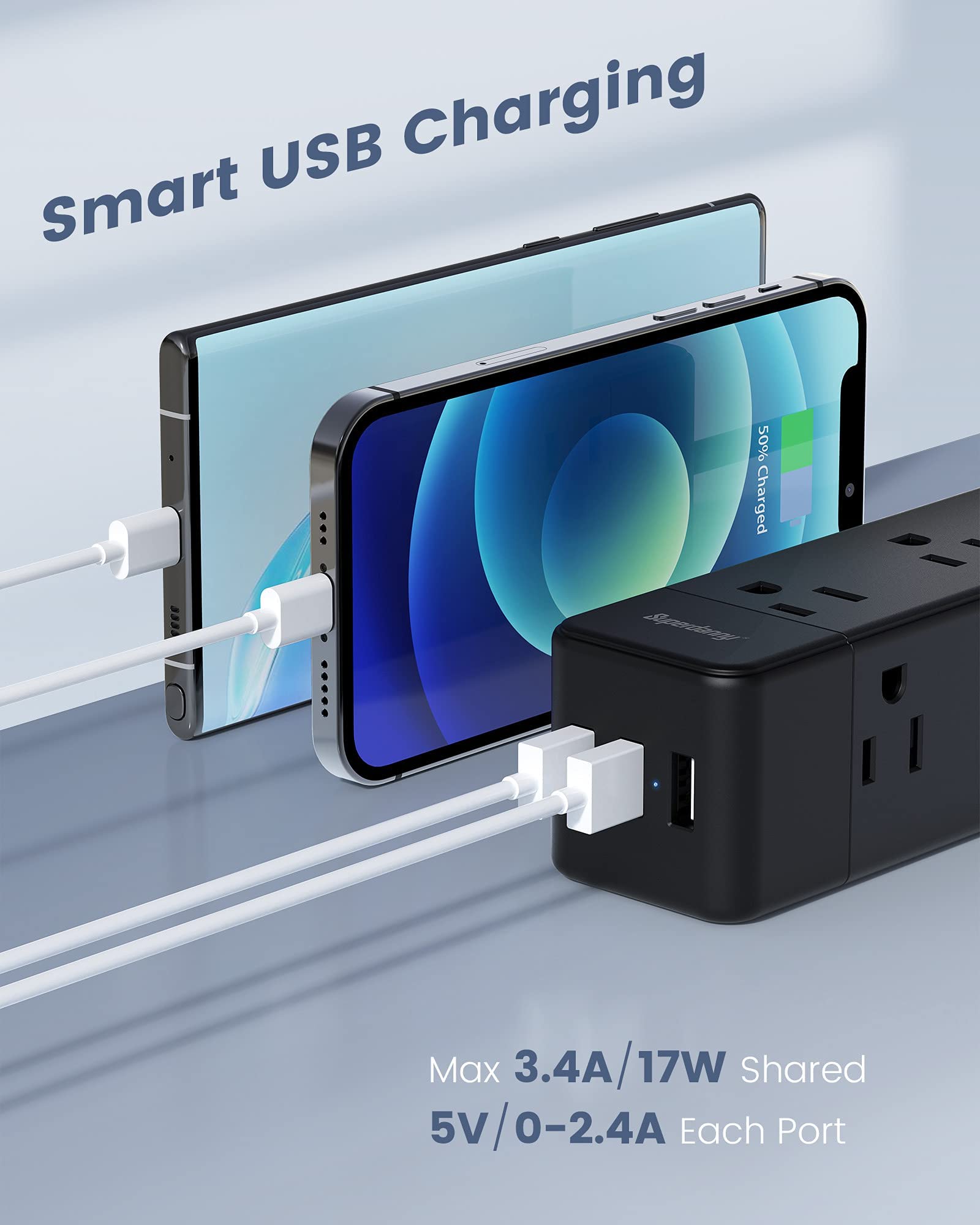 Power Strip Surge Protector, 9 Widely Spaced Outlets with 3 USB Ports, 3 Side Outlet Extender with 6.5 Ft Extension Cord, 1050 Joules, Flat Plug, Wall Mount Charging Station for Home Office Dorm Black