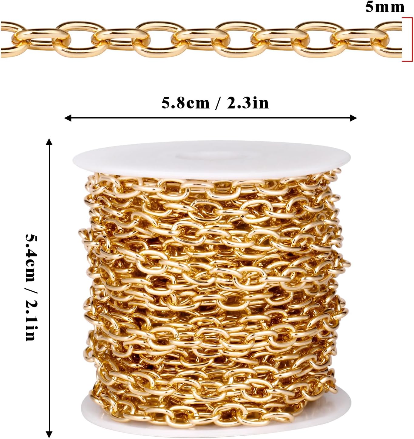33 Feet Gold Rolo Cable Chains Roll, 5 MM Gold Plated Aluminium Oval Cable O Links Chain Bulk Spool for Jewelry Making DIY Craft