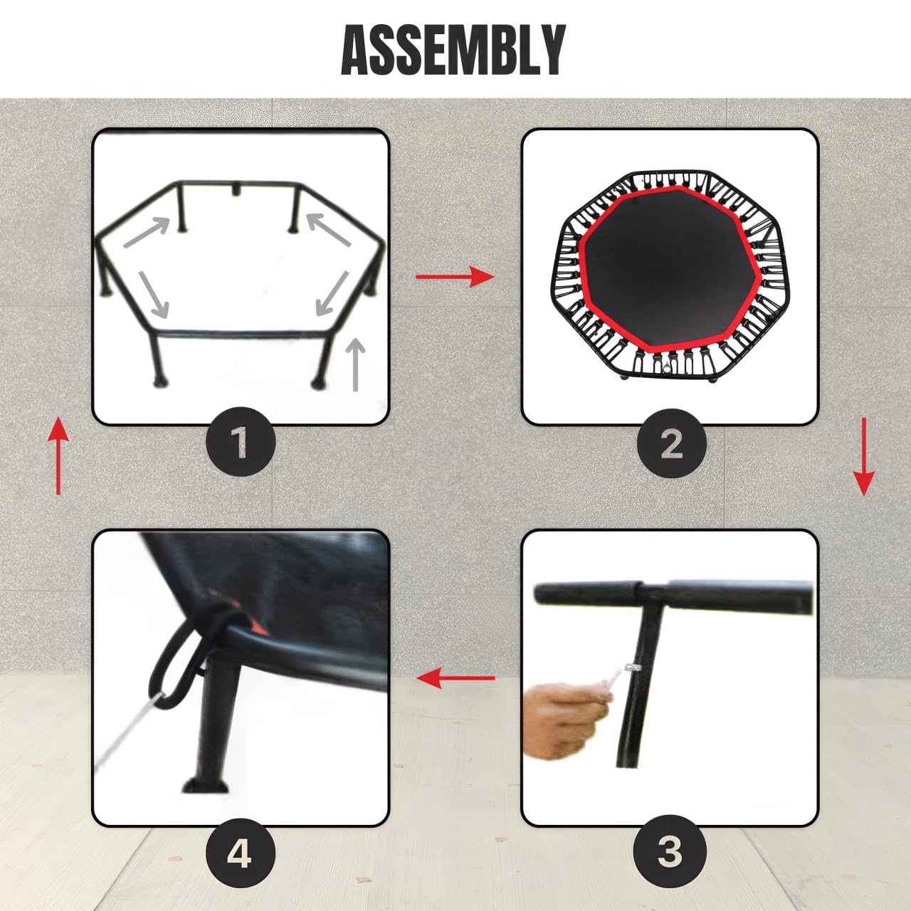 Trampolín Fitness Plegable Silencioso Ø90cm Octogonal con Apoyabrazos Ajustable para Adultos y Niños