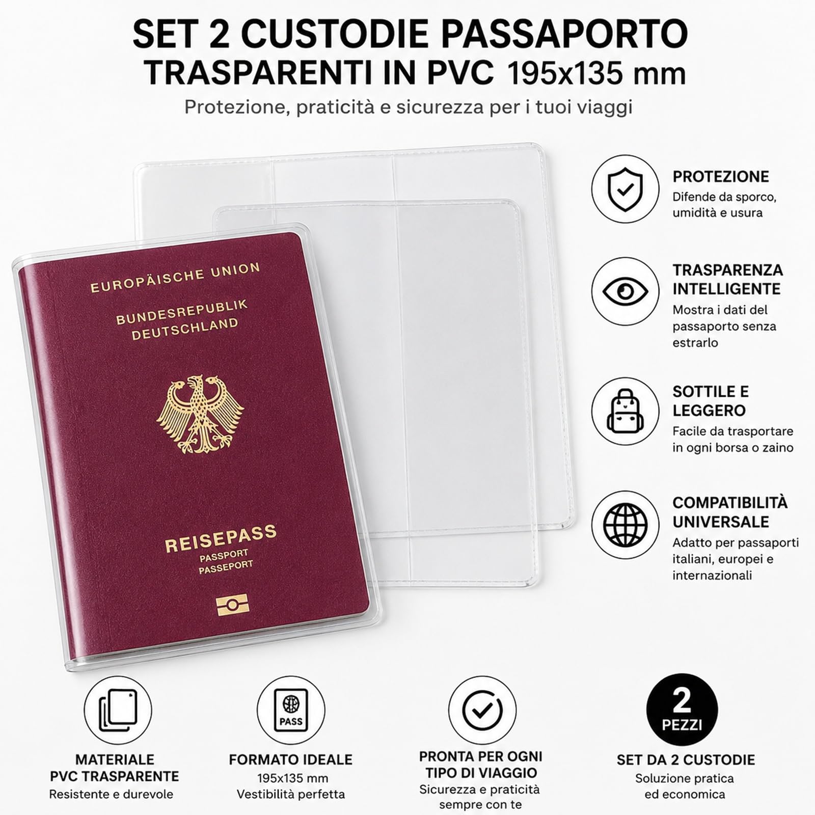 topolenashop Set 2 Custodie Passaporto Trasparenti In PVC 195x135 mm, Copertine Impermeabili Antistrappo Per Documenti Da Viaggio, Compatibili Con Passaporto Italiano Europeo | HZ-15006