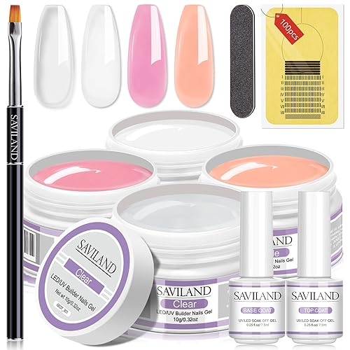 SAVILAND Kit de gel de uñas constructor: 4 colores de gel de uñas para engrosar, blanco, rosa, nudes, fortalecedor de uñas, gel de extensión UV con
