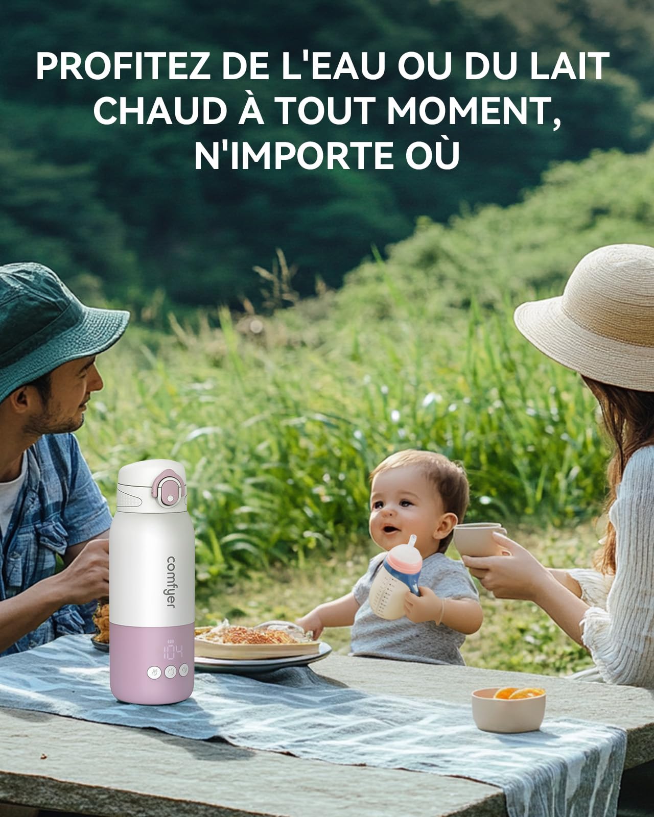 Comfyer BW01 Chauffe Biberon Nomade Portable sans Fil, Chauffage Rapide en 2 Mins pour Lait/Eau, Longue Autonomie 12000 mAh, Température Réglable, Capacité 340 ml, Idéal pour Voyage, Voiture & Avion