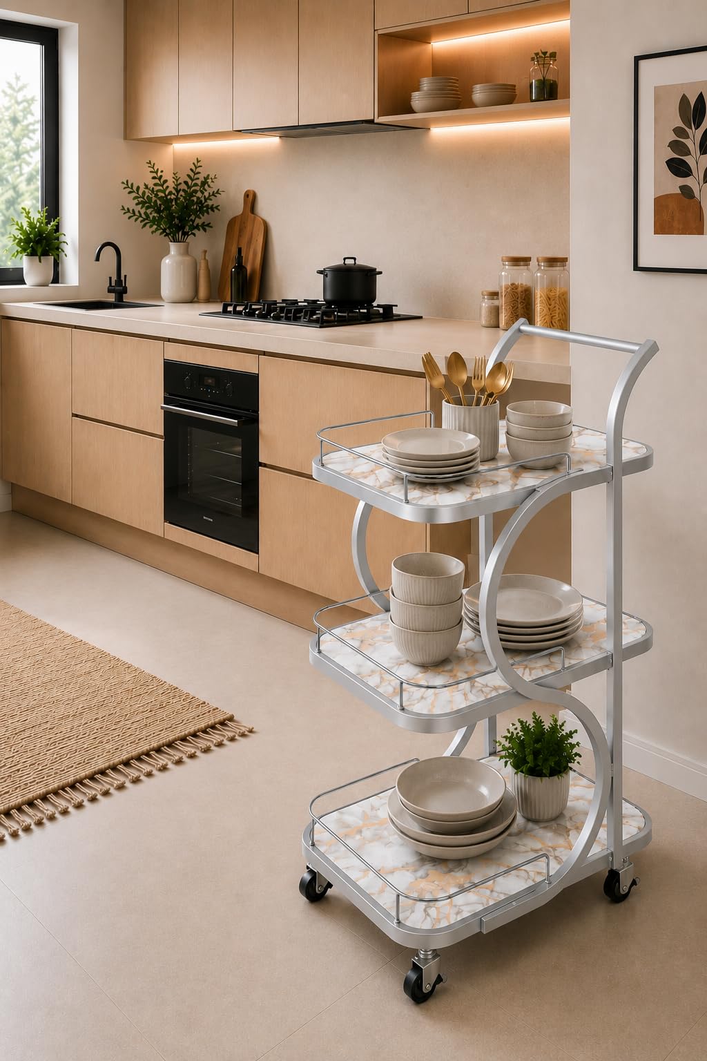 Coffee Table Bar Trolley Kitchen Trolley Serving Trolley with Lockable Wheels for the Kitchen at Home Kitchen Trolley with Storage Living & Bed Room Decor (Silver & White)-image-40