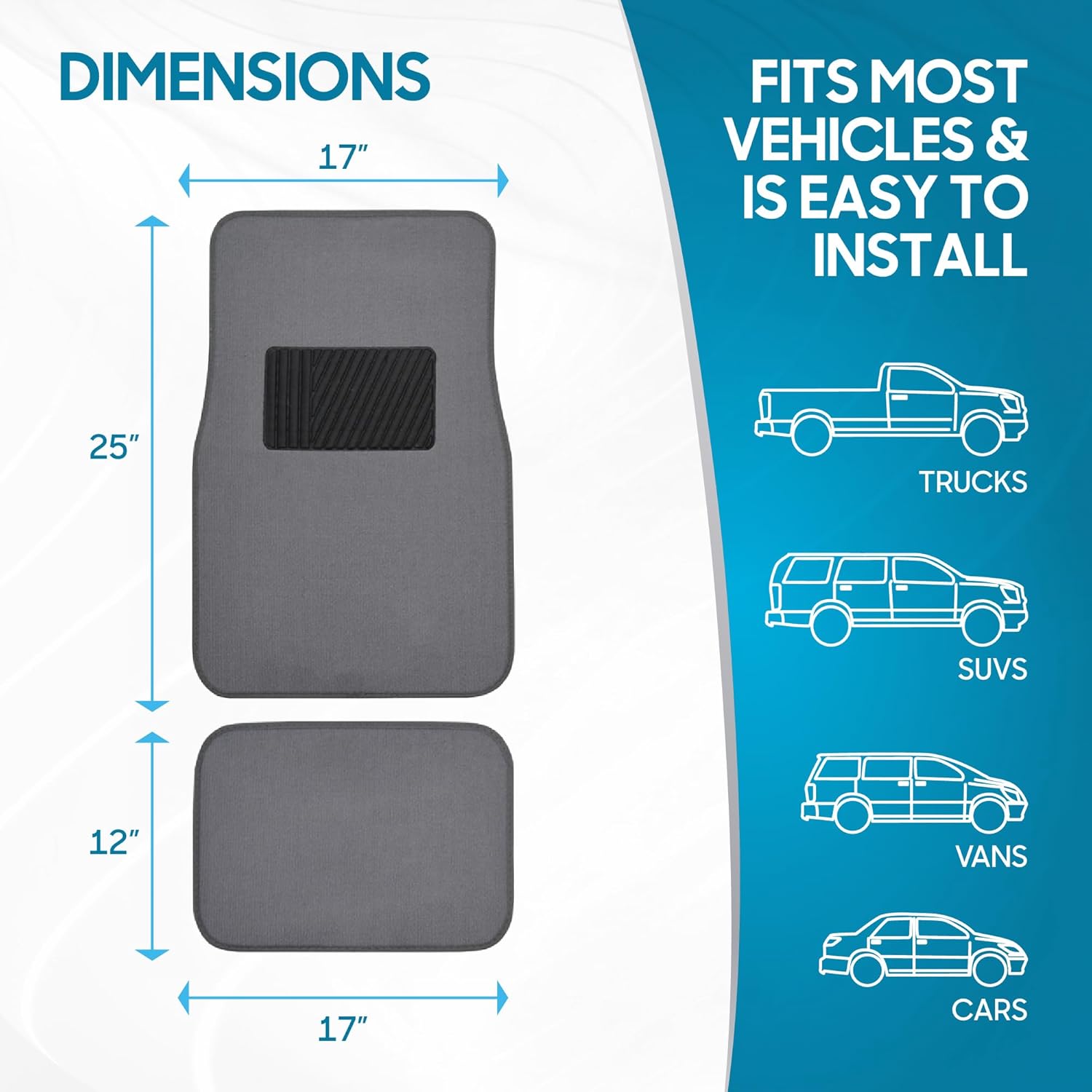BDK Premium Medium Gray Carpet Floor Mats for Cars - Universal Fit Interior 4-Piece Car Mats Full Set with Vinyl Heel Pad Protector - Cute Car Accessories Interior Floor Covers for SUVs & Trucks