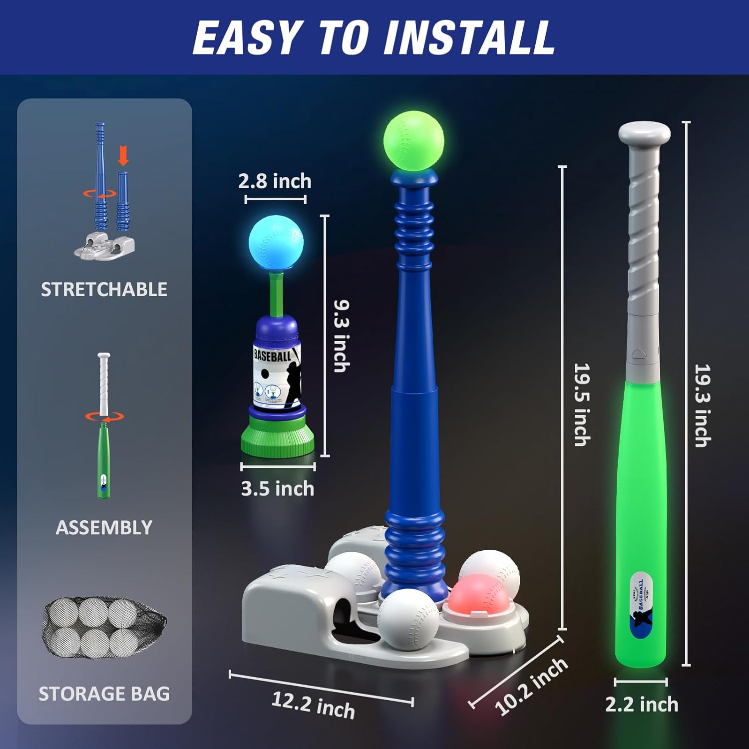 QDRAGON 2 in 1 T Ball Sets for Kids 3-5 5-8, Tee Ball Set with Automatic Pitching Machine/Adjustable Batting Bat & Stand/6 Balls, Baseball Toys Outdoor Sport for Toddlers Boys