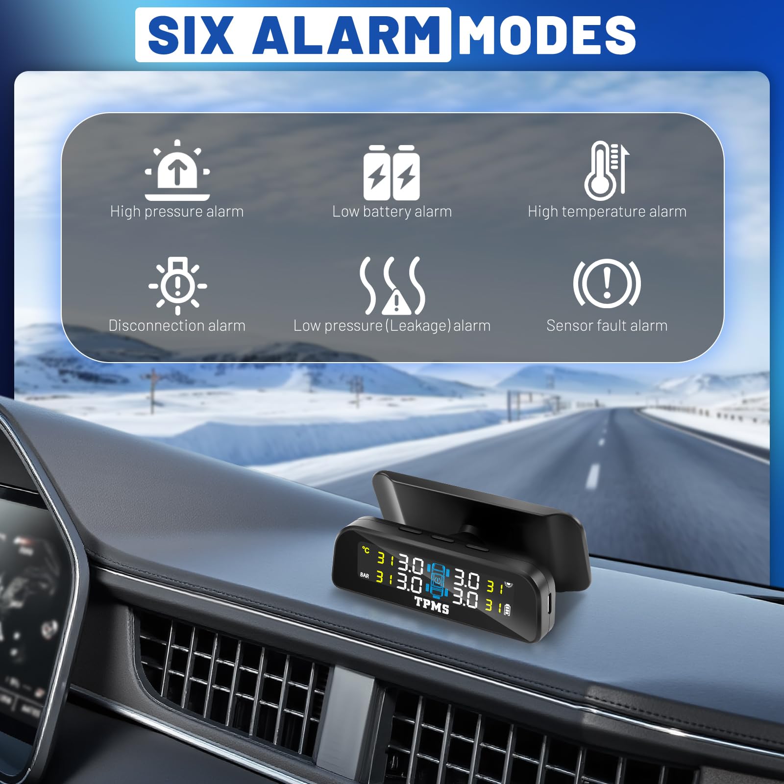 Sistema di Controllo della Pressione dei Pneumatici (TPMS) 0-3.5 Bar, Caricamento Solare e USB, 5 modalità di Allarme con LCD e 4 Sensori Esterni – per Auto SUV Camper Rimorchi e Camion