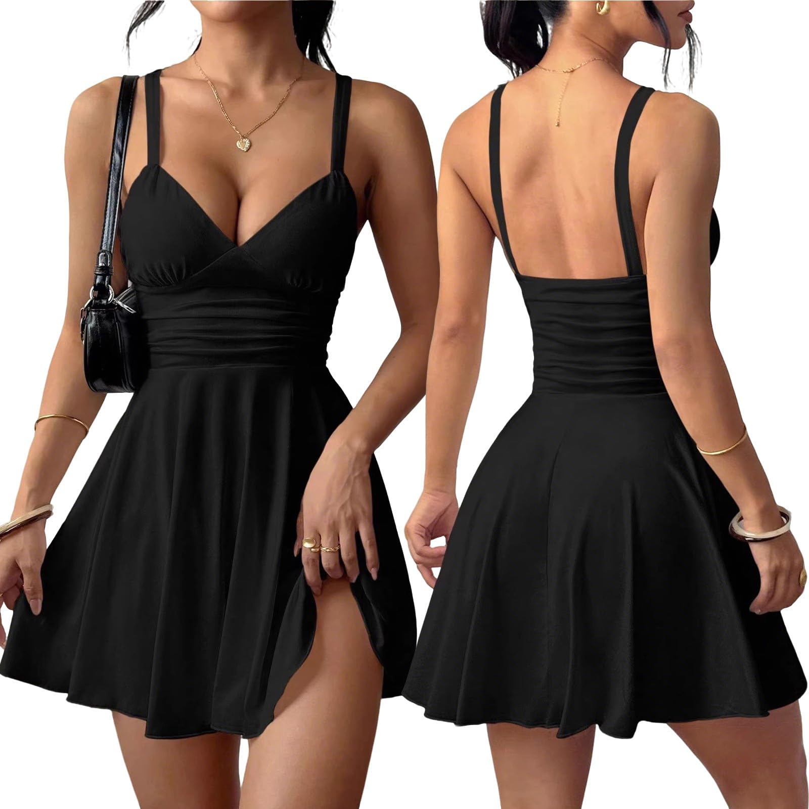 Damen Tenniskleid Ärmellos U-Ausschnitt Sport Kleid Set Sommer Minikleid mit Integrierten BH und Shorts A-Linie Golf Kleider Racerback Tennis Outfit Sportkleider