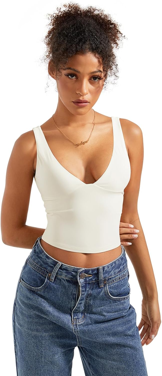 SUUKSESS Women Sexy V Neck V Back Tank Top Summer Sleeveless Going Out Double Lined Basic Tops - Image 4
