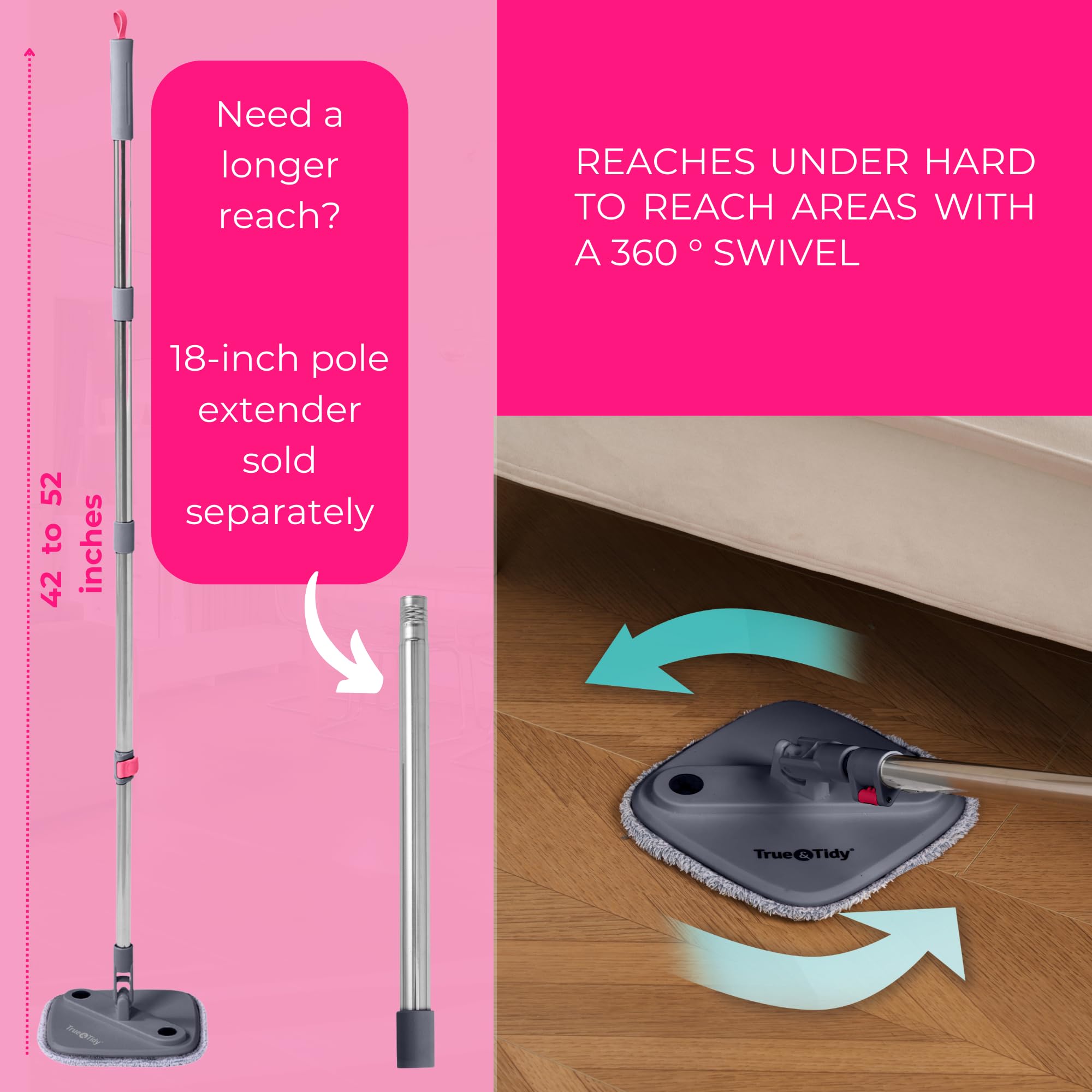 True & Tidy True Clean Mop spinningowy i system wiadra, w zestawie mop spinningowy, wiadro do mopa dwukomorowego, silikonowa zamiatarka podłogowa, 2 grube zmywalne podkładki do mopa z mikrofibry,