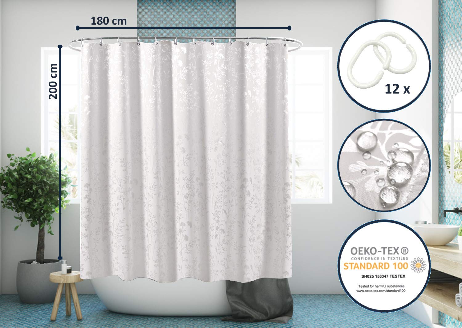 JIAMELUCK Bianco Blu Marmo Modello Texture Tende da doccia Astratta Bagno Impermeabile Tenda da bagno Decorazioni per la casa con ganci 300x180 cm (118 Lx71 A