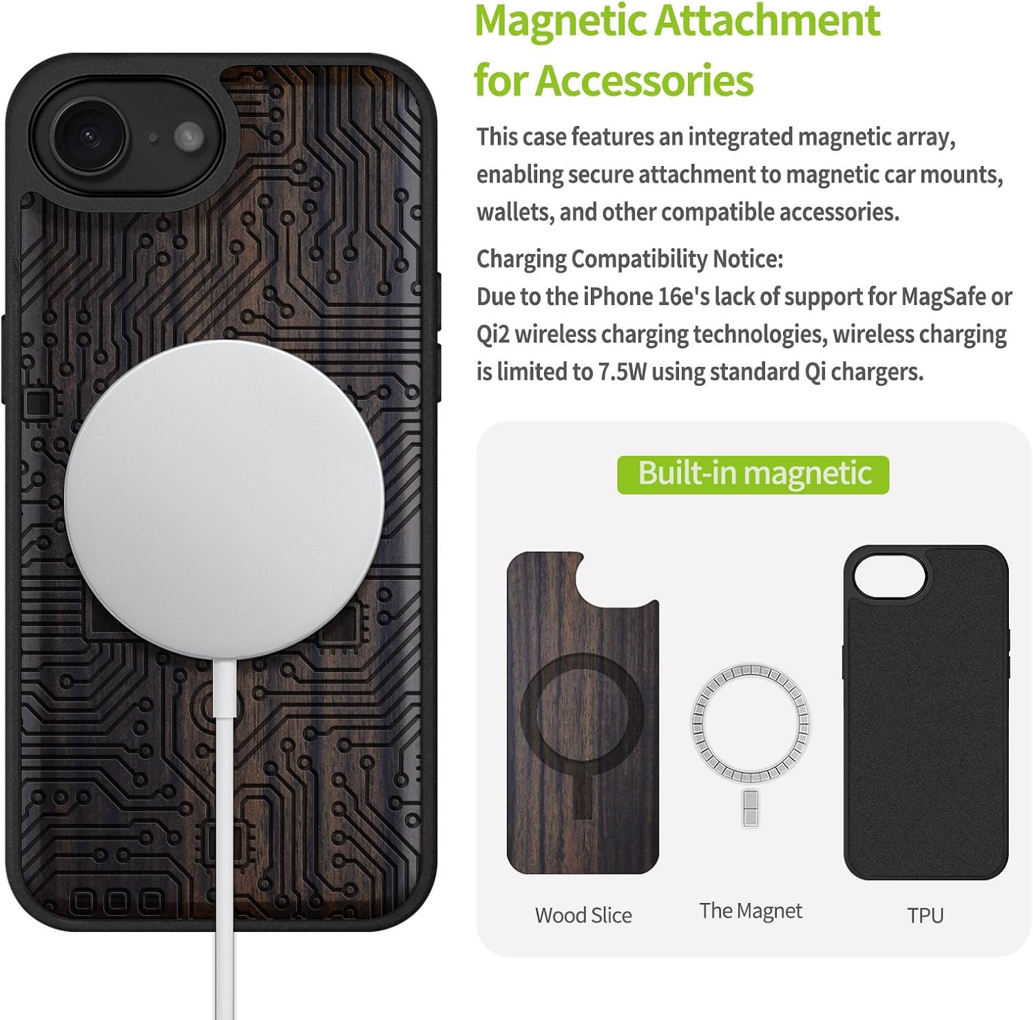 Carveit Magnetic Wooden Case for iPhone 16e / 17e, Solid Wood & TPU, Artisan Engraved Design, Shockproof Cover, Compatible with MagSafe Wireless Chargers, Motherboard - Blackwood