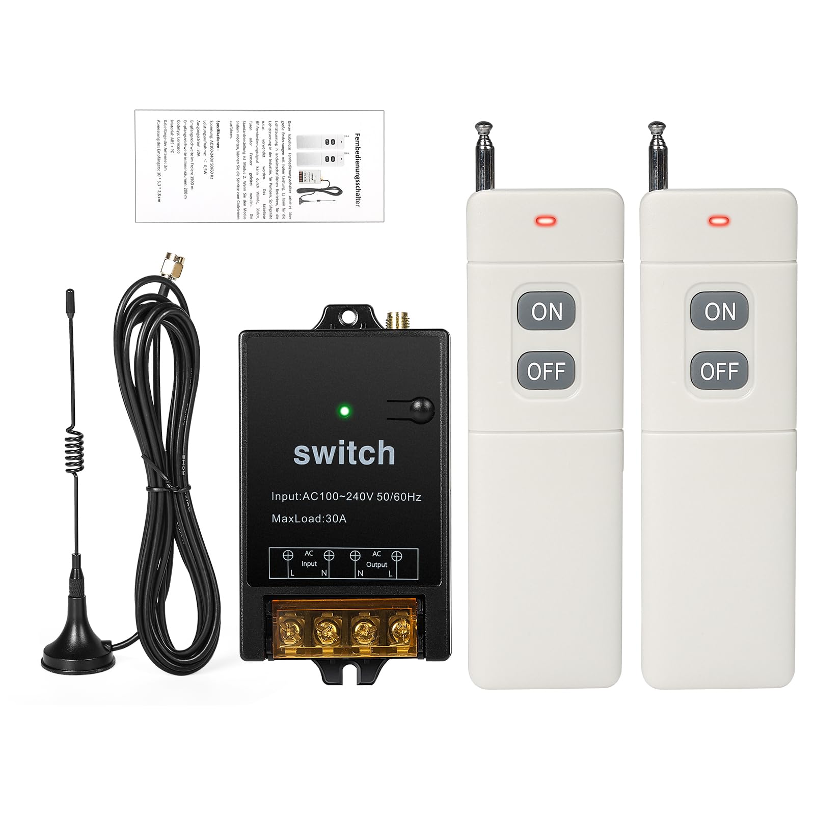 Interruptor Con Mando a Distancia 220V Interruptor Inalambrico Rele 220V remoto AC rele de control para bomba de agua motor sistema de seguridad distancia máxima 1500m con 2 mandos a distancia.