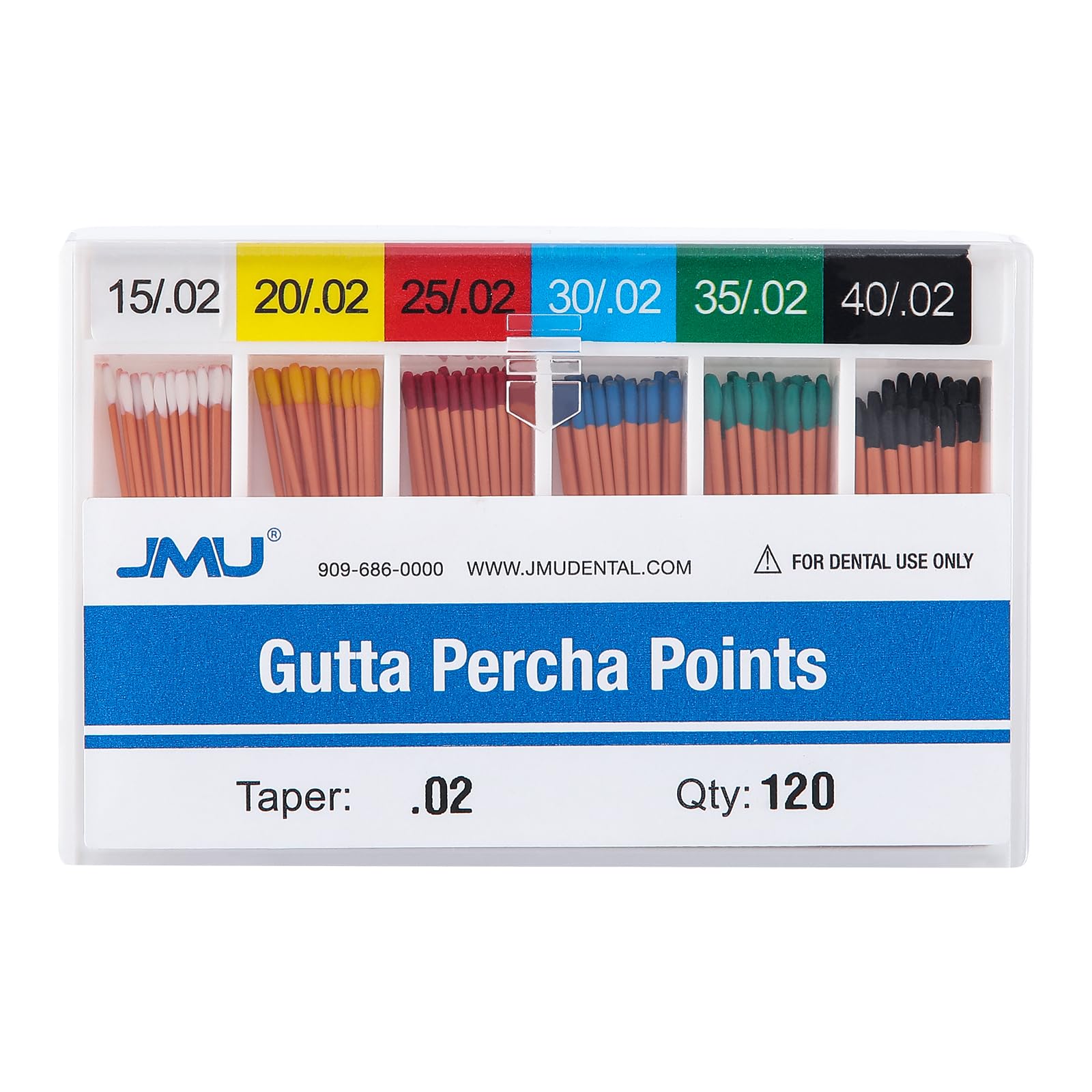 JMU Dental Gutta Percha Points .02 Taper, #15-40 Assorted, Spill-Proof Box, 120pcs