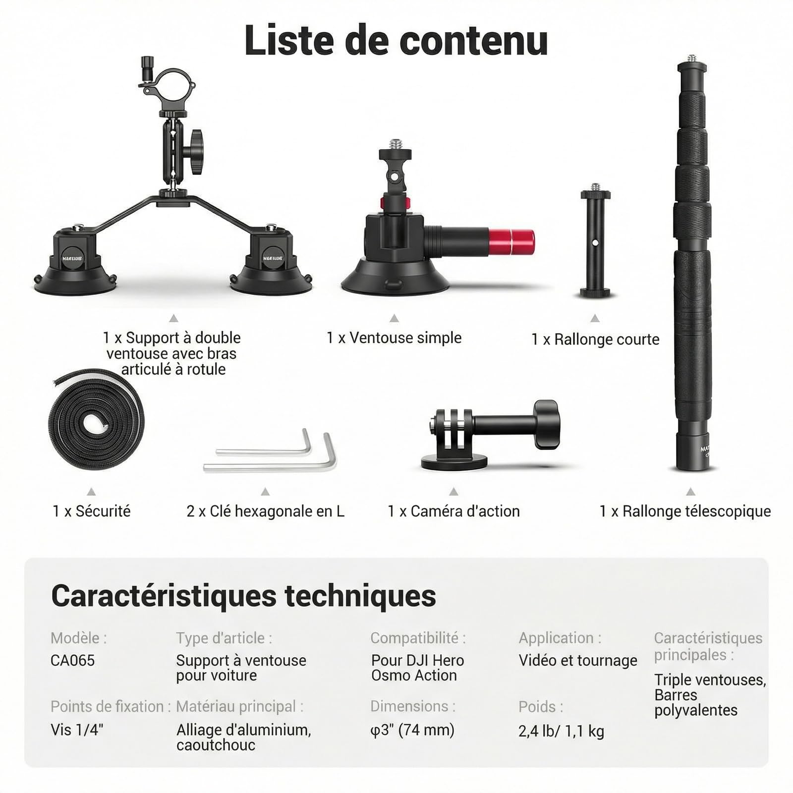 NEEWER Kit de Support Triple Ventouse Camera Voiture avec Perche d'Extension 2 en 1, Libération Rapide, Bras Magique pour Action Caméra, Fixation Triple Ventouse Compatible avec GoPro Insta360, CA065