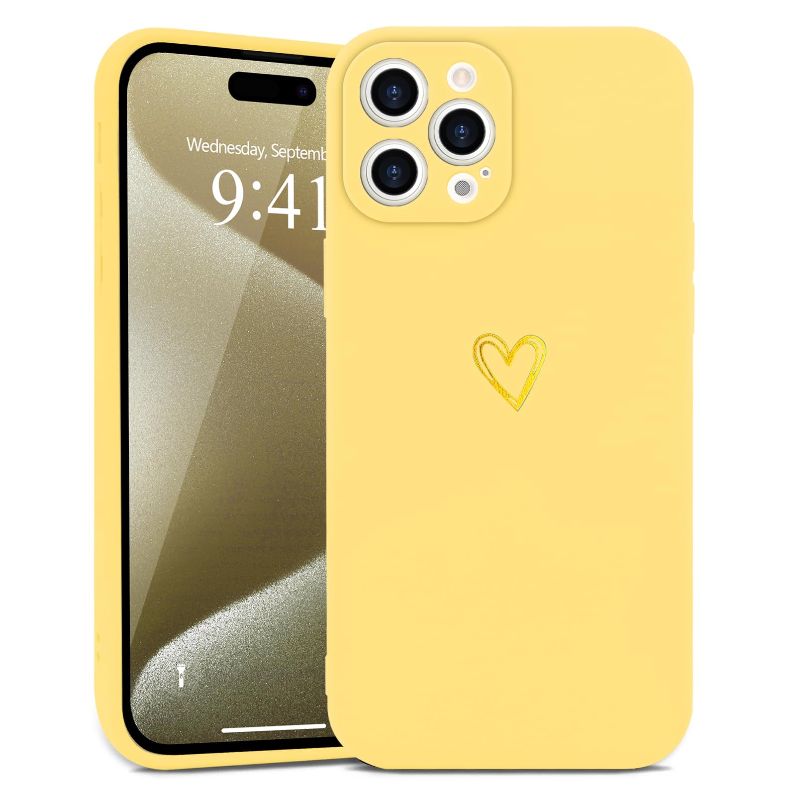 Wirvyuer for iPhone 15 Pro Max Case Cute Heart Pattern Soft Shockproof Protective Silicone Phone Case for Women Girls Yellow