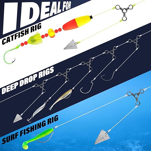 Miniatura 5 de Alwonder Paquete de 100 aparejos de pesca giratorios de 3 vías, acero inoxidable de 28 a 143 libras de níquel negro de tres vías giratorias de pesca