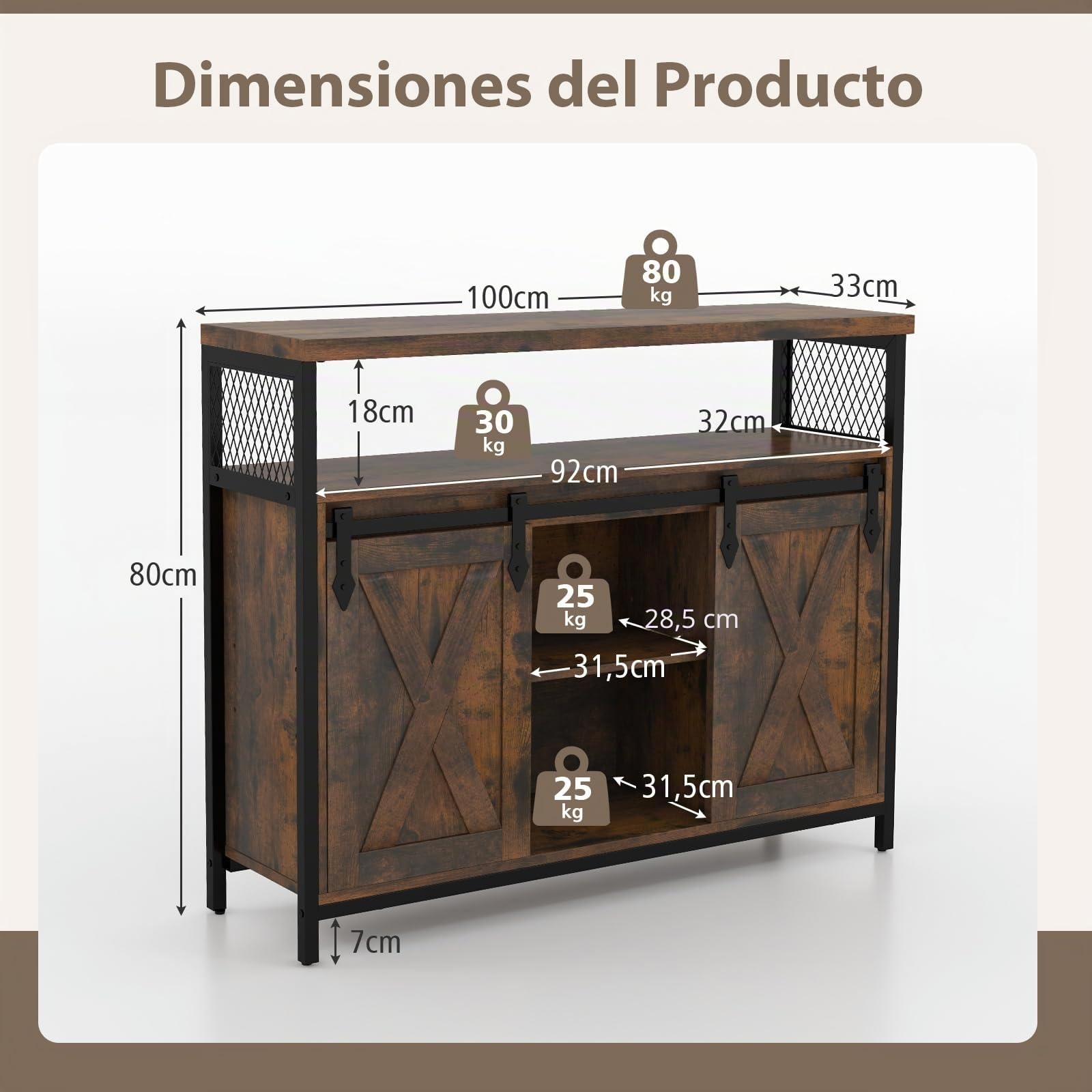 COSTWAY Aparador, Aparadores para Salon con Estantes Ajustables de 3 Niveles, Puerta Corrediza, Compartimentos Abiertos, Aparador para Cocina, Sala de Estar, Comedor, Marrón Rústico (100 x 33 x 80 cm)