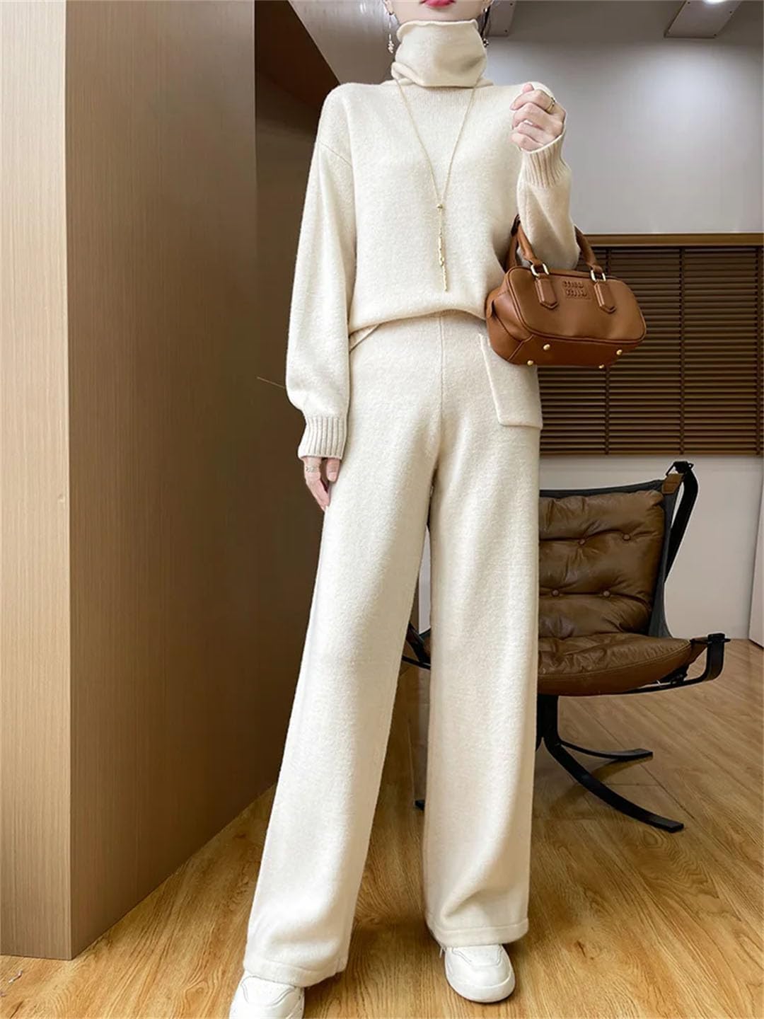 Women Wool Pullover Pantsuit Turtleneck Cashmere Sweater 100% Merino Wool Soft Knitwear Two Pieces Set - Image 5