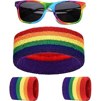 Amazleer Gay Pride Accessories Set of 4 Rainbow Sweatbands Set and Glasses Accessories for Christopher Street Day Gay Parade Festival Party and Events