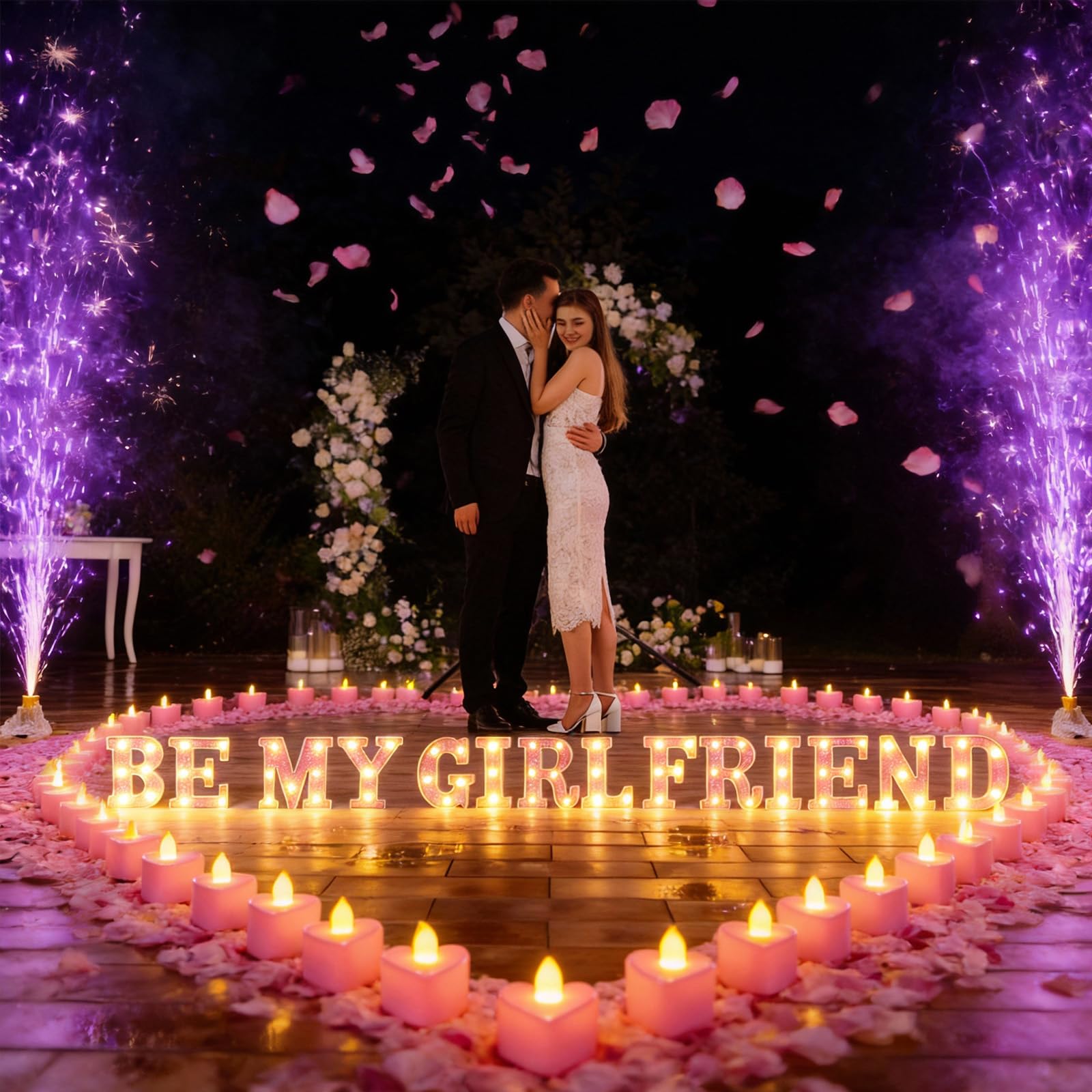 Ceenna 6038 letras iluminadas con texto en inglés "Be My Girlfriend", 24 letreros LED con 24 velas de corazón sin llama, 6000 pétalos de rosa artificiales, decoración romántica para el día de San