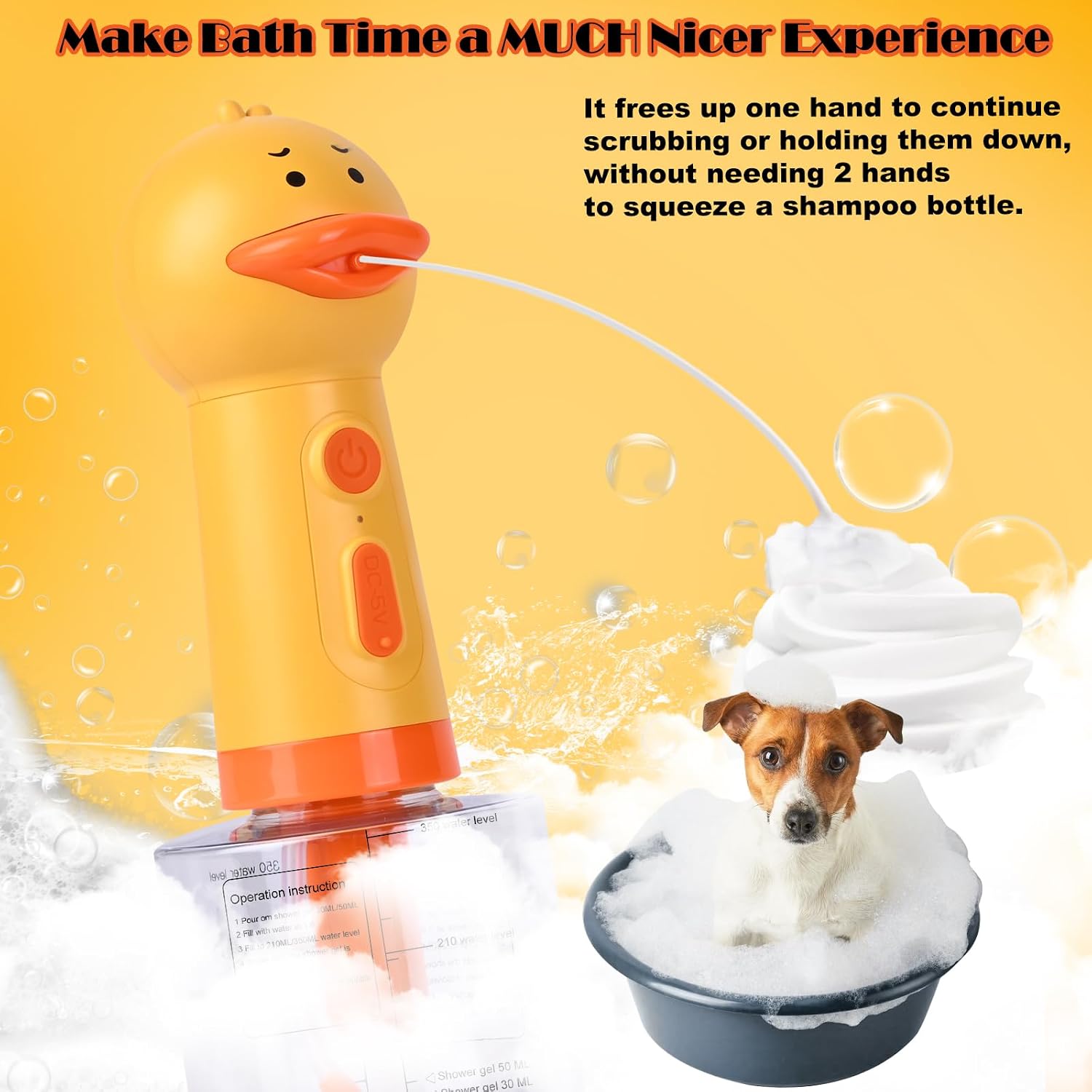 Electric Dog Shampoo Dispenser, Rechargeable Duck Soap Foaming Dispenser for Dog and Cat Bathing, Bathroom, Kitchen Sink, Toilet Cleaning, IPX7 Waterproof