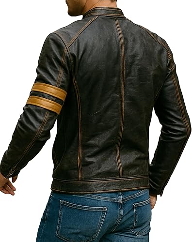 Miniatura 3 de UGFashions Mens Distressed Real Leather Motorcycle Jacket with Armored Padding Cafe Racer Style Biker Vintage Racing Jacket