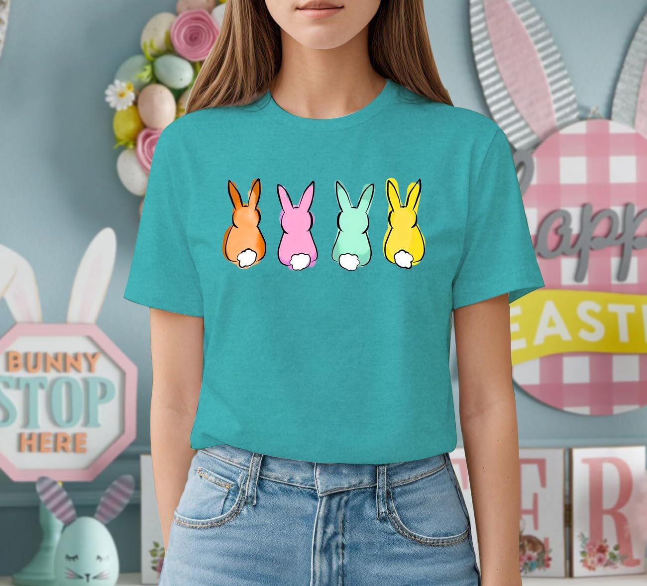 Easter Bunny Shirts for Women Happy Easter T-Shirt Cute Leopard Rabbit Face Tshirt - Image 3