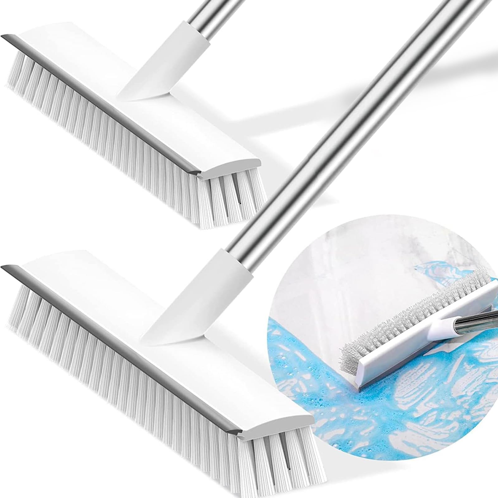 STAYOUNG 2 PCS Floor Scrubbing Brush - Stiff Bristle Brush with Squeegee, Cleaning Brush Set with 105 cm Retractable Handle, for Bathrooms, Kitchens, Terraces