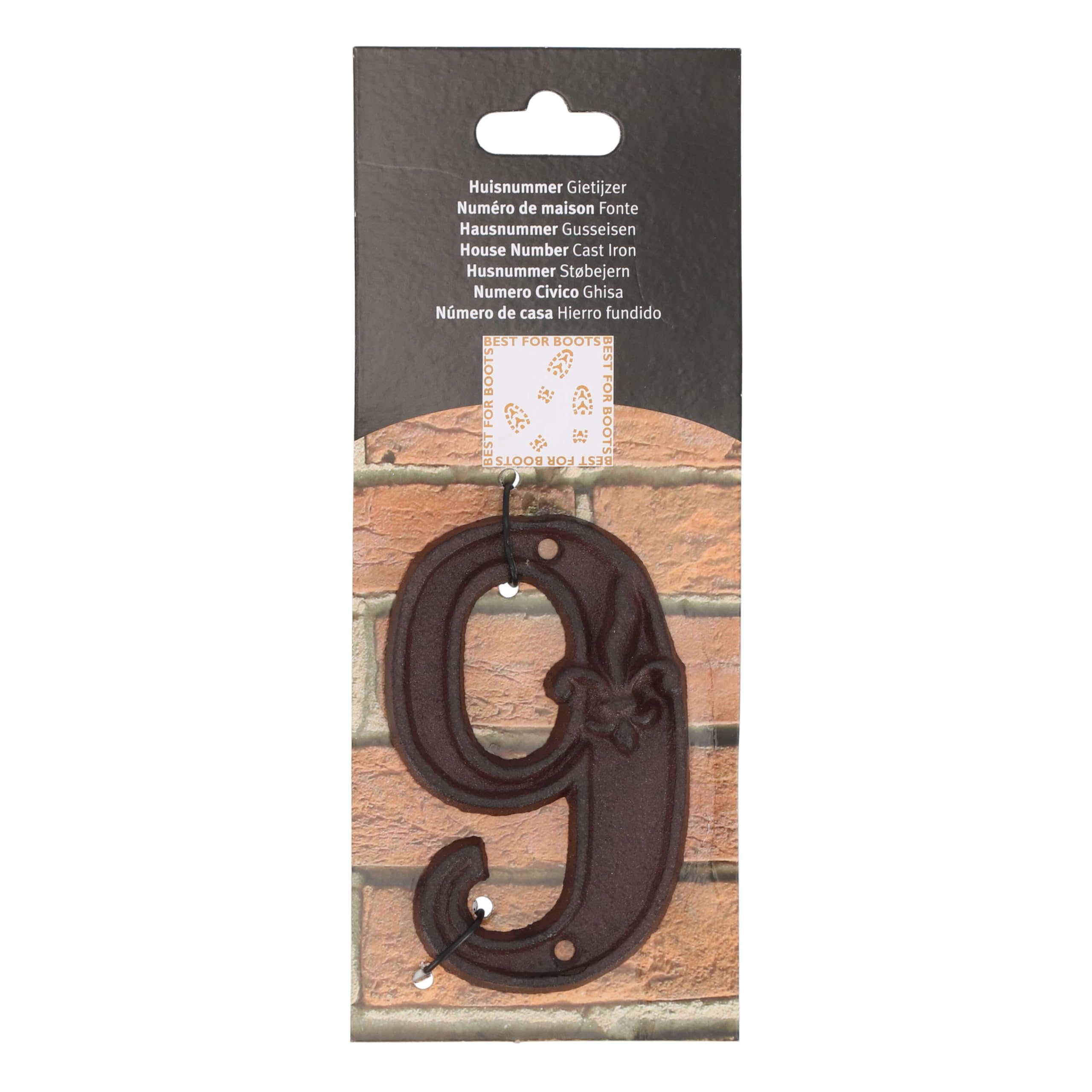 Esschert Design Numer domu 9, z wzorem lilii z żeliwa w kolorze antycznego brązu, patynowany, ok. 8 cm x 12 cm
