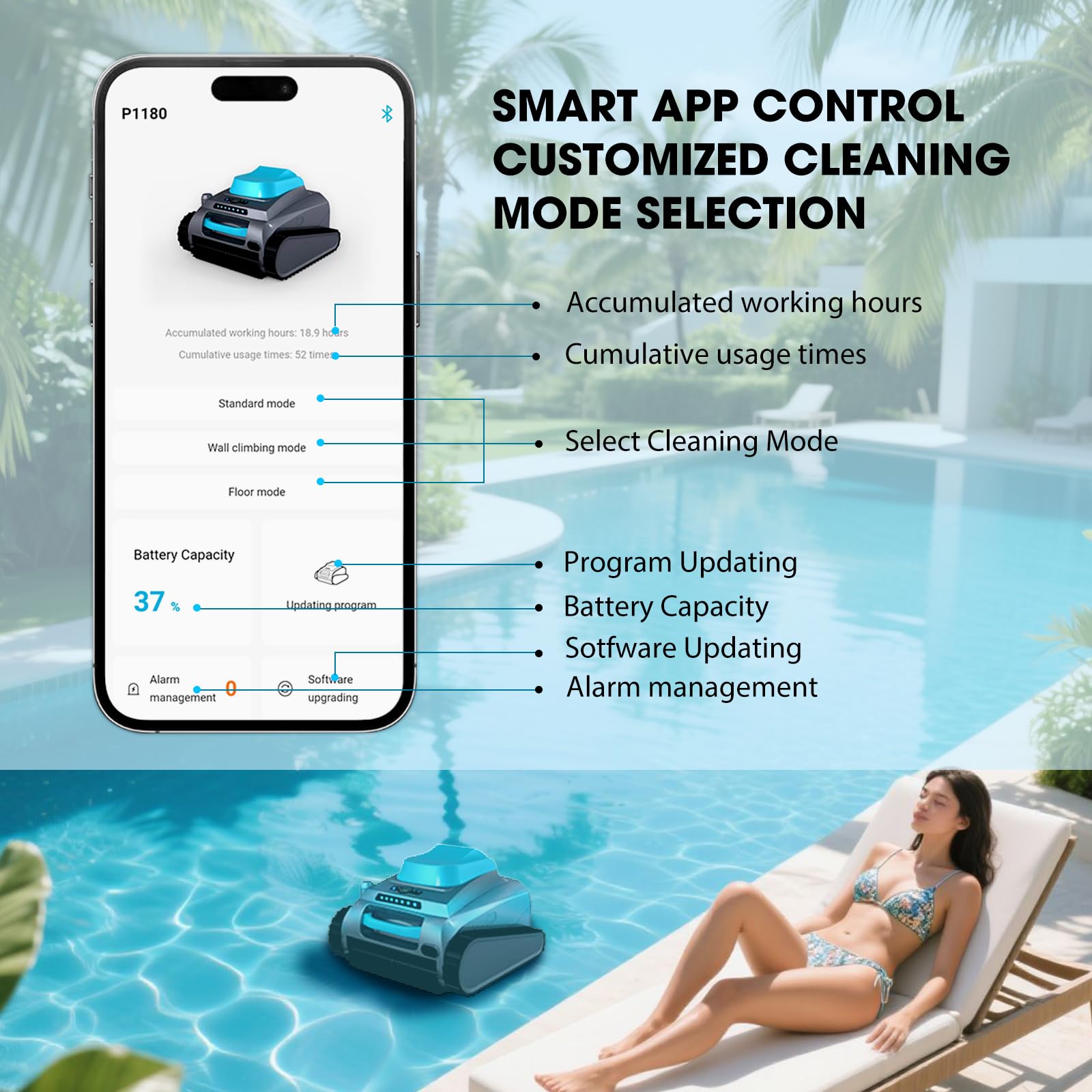 Limpiador de piscina robótico automático inalámbrico, filtro de 4 litros, 2 horas, aspiradora de piscina con función de escalada de pared, actualización de programa a través de Bluetooth, soporte de