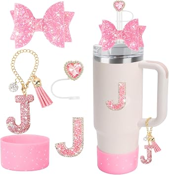 Sparkly Accessories Set for Stanley 30oz/40oz Cup, Including Rhinestone Straw Cover, Letter Sticker, Handle Charm, Sparkly Bows & Silicone Boot - 5pcs