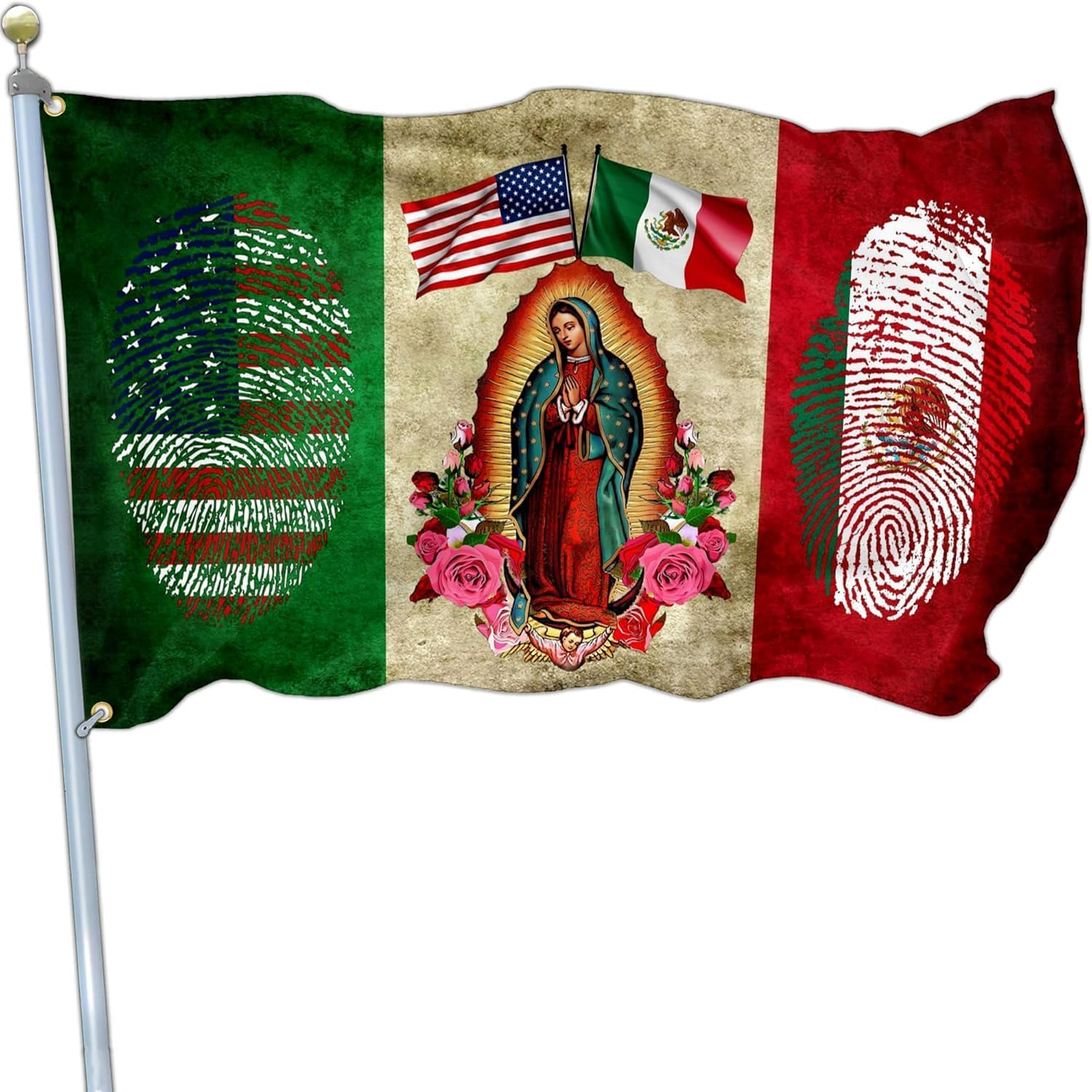 Mexico Flag Mexican American Flags for Outside 3x5 Double Sided Virgin Mary Mexico Mexican Usa Friendship Flags for Truck Car Outdoor Patriotic House Yard Decorations Banner