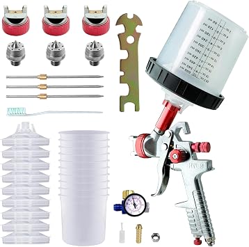 Paint Sprayer with Paint Mixing Quick Cup, HVLP Spray Paint Gun Kit Contain 1.4 1.7 2.0 MM Nozzles 10 Disposable 600ML Cups for Car Furniture Fence Painting Red
